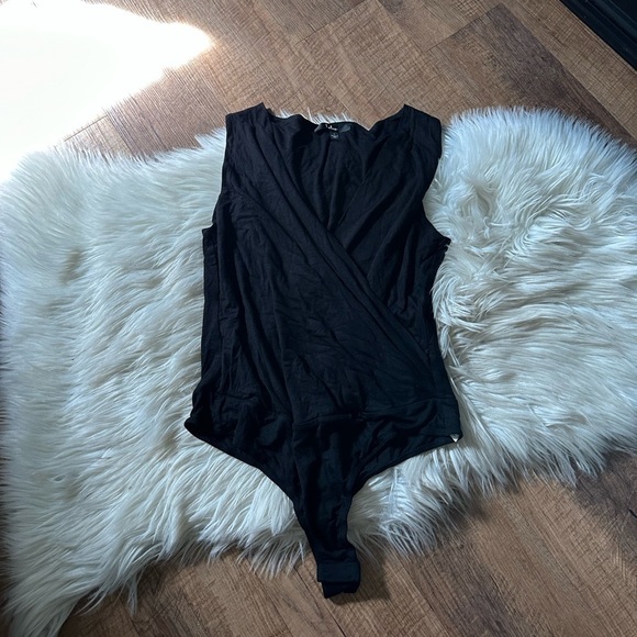 LULU’S Staying Basic Black Faux Wrap Sleeveless Bodysuit - Picture 3 of 4